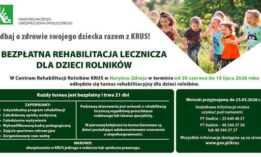 Zdjęcie do Informacja o turnusach rehabilitacyjnych dla dzieci rolnik&oacute;w