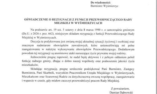 Zdjęcie do Rezygnacja Przewodniczącego Rady Miejskiej - Oświadczenie